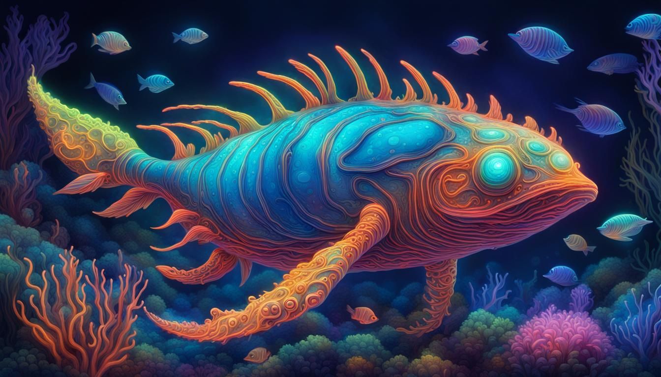 Bioluminescent Creature in Psychedelic Underwater Environmen...