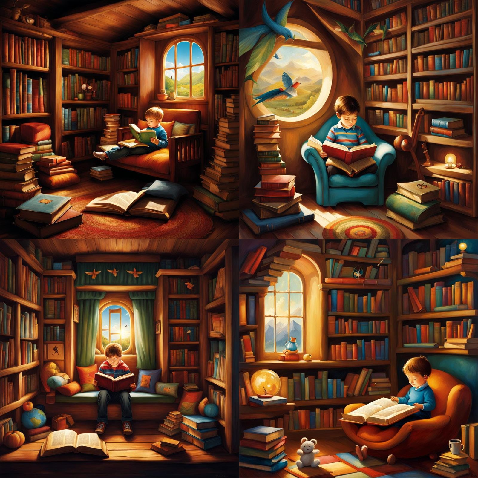 Cozy Reading Nook with Child Surrounded by Books