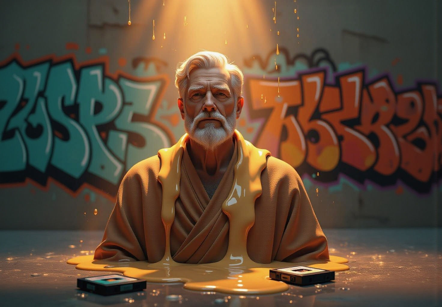 Melting Wax Old Man Bust in Graffiti Futurism Style