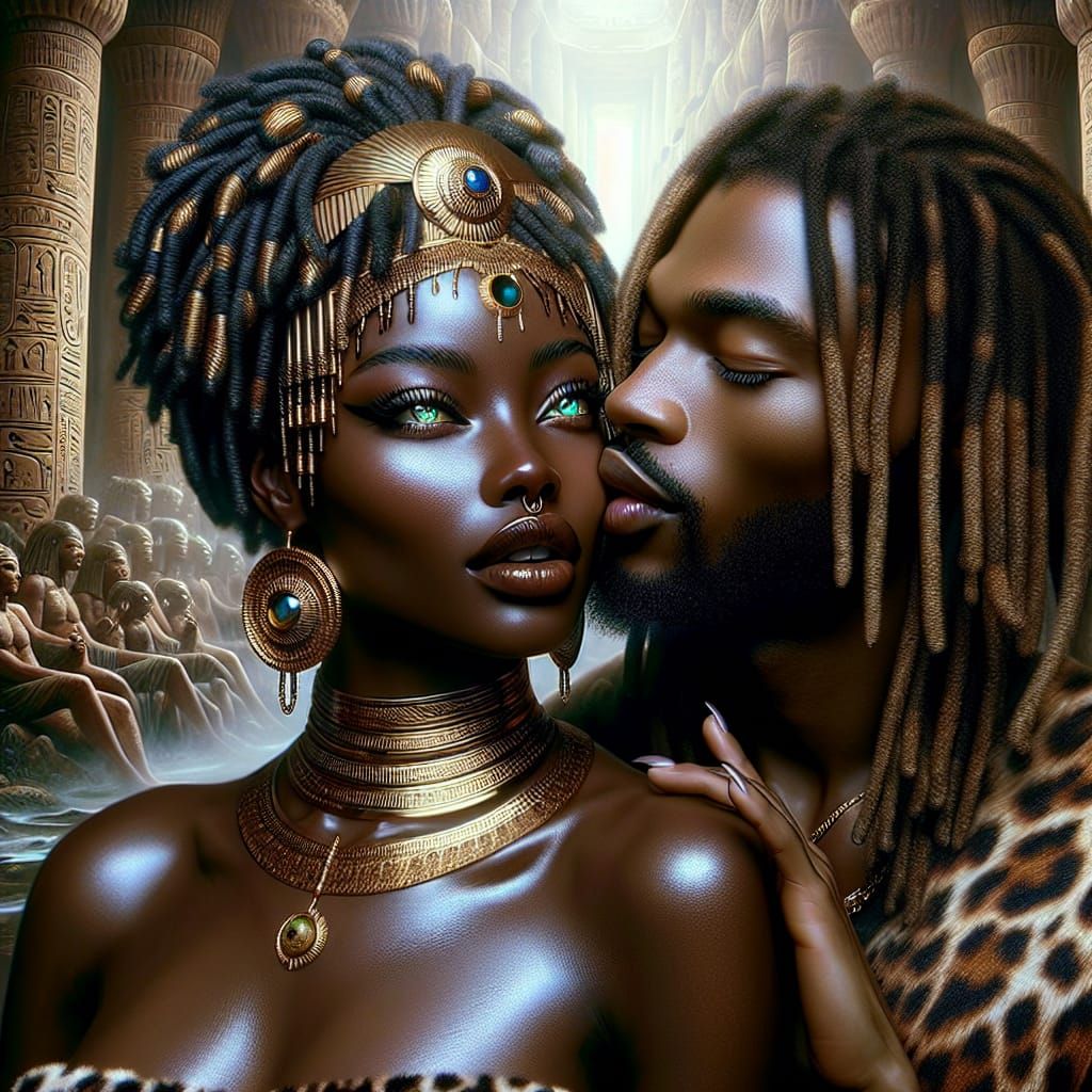 Egyptian Love: Hyperrealistic Oil Painting of a Black Couple