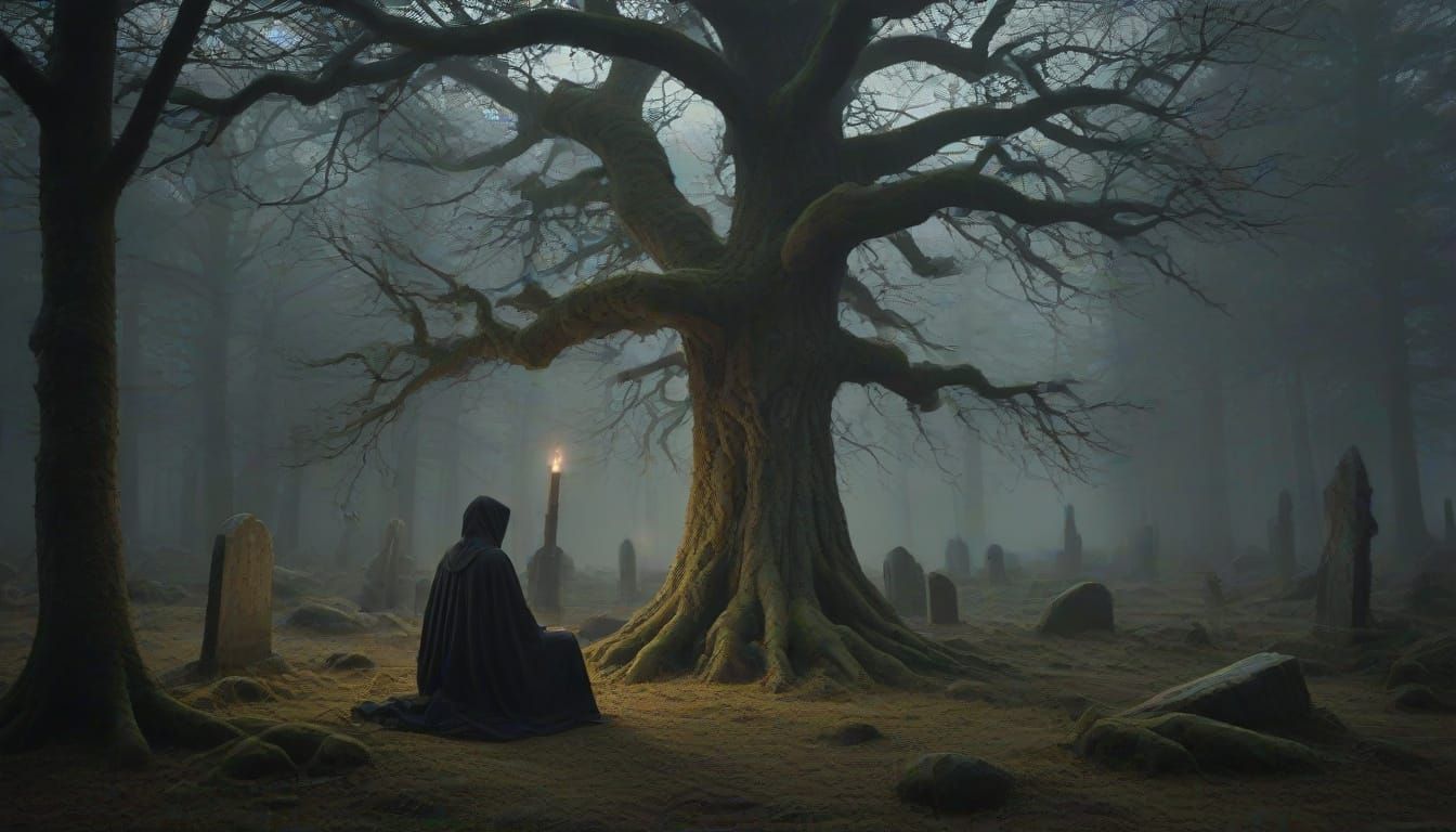 Mourner at Gravestones in Golden Light