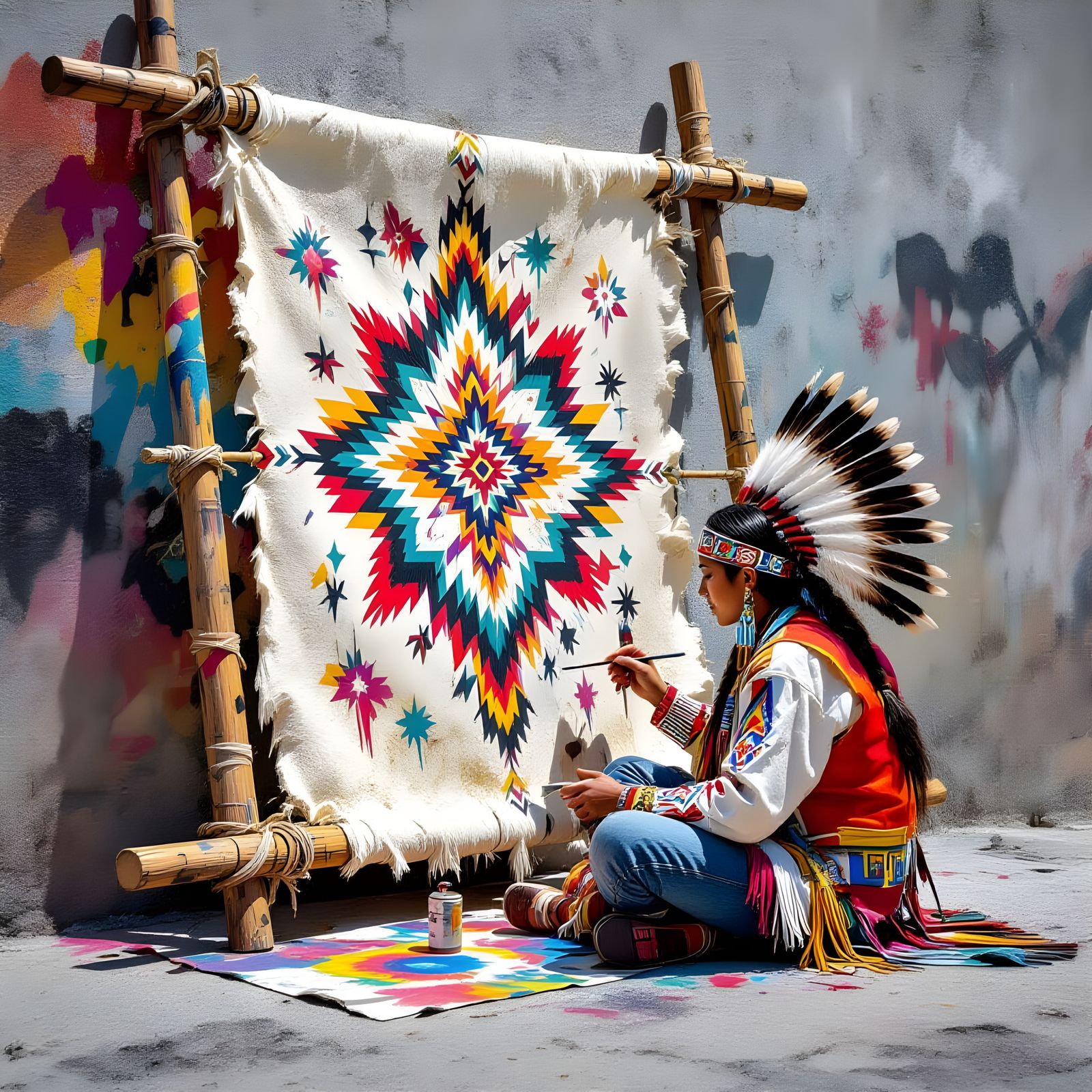 Native American Artist Painting Buffalo Skin: 3D Graffiti Ar...