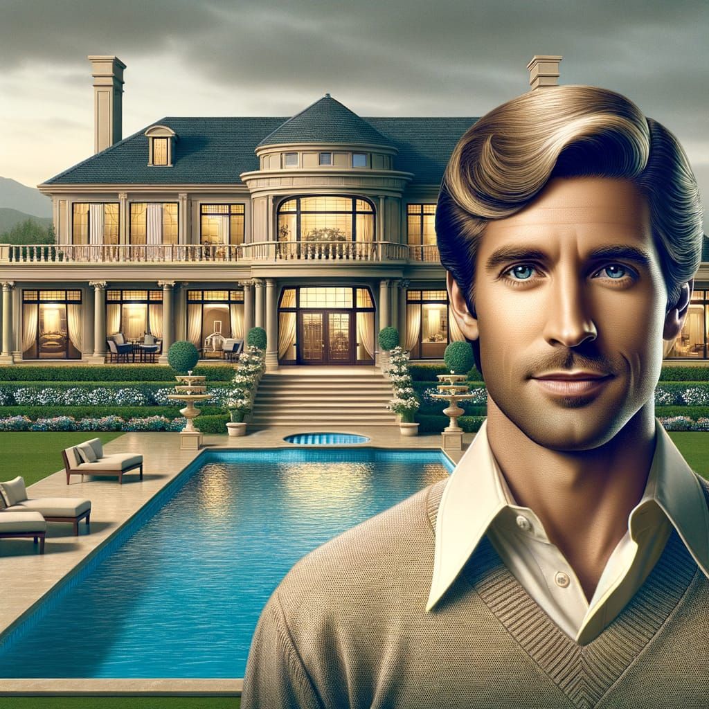 Wealthy Steve Exudes Sophistication in Front of Grand Estate