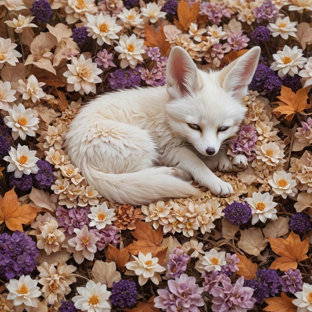Fennec Fox Asleep Amongst Autumn Flowers
