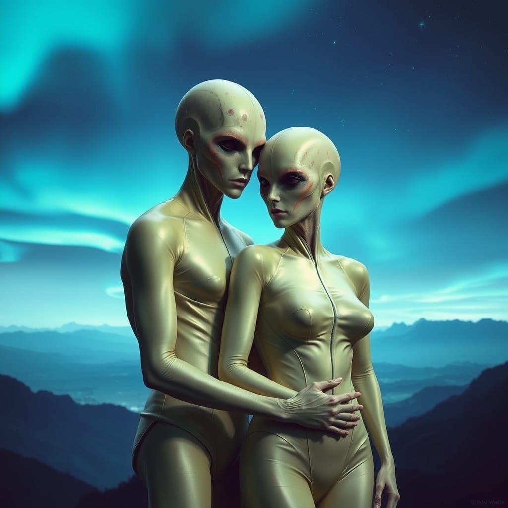 Alien Couple Embrace in a Sci-Fi Landscape