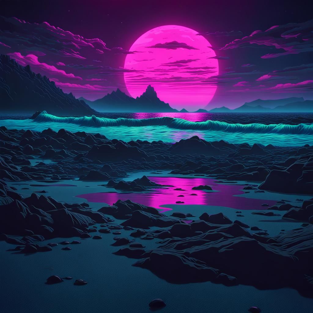 Alien Ocean in Dark Synthwave Sci-Fi Style