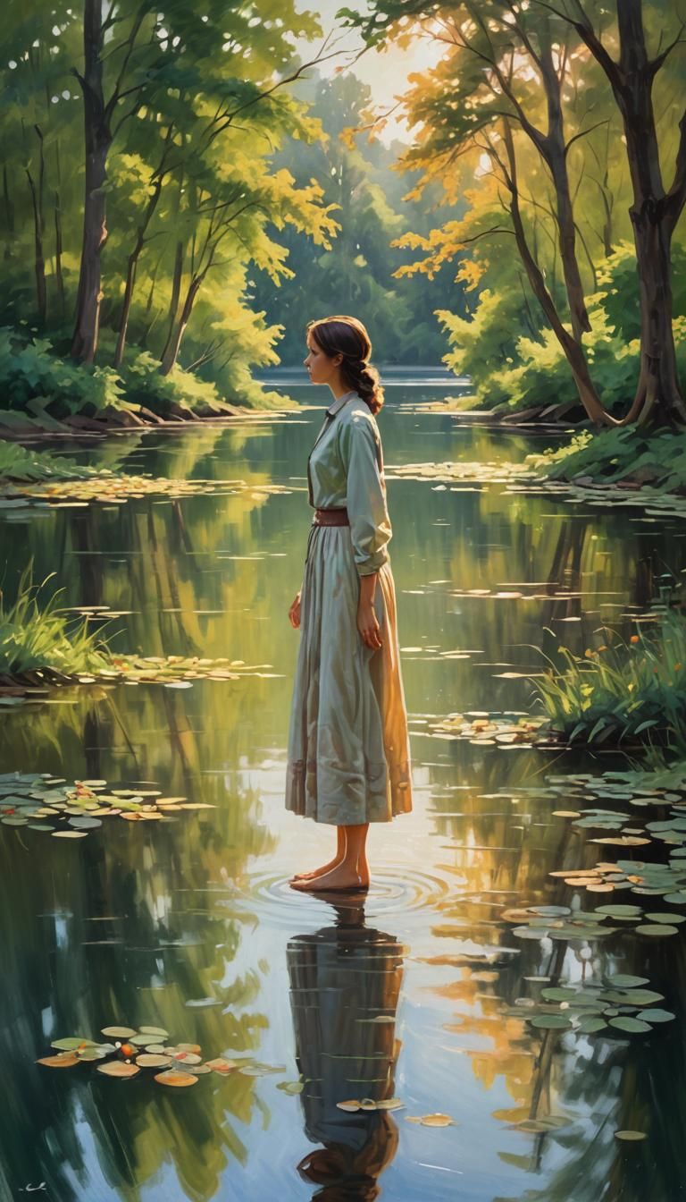 Impressionist Woman by Lake Oil Painting