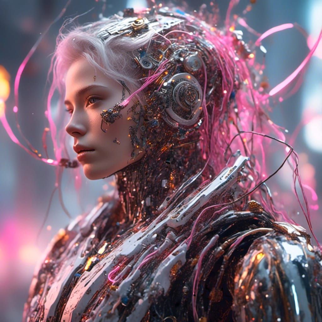Detailed Cyberpunk Cyborg Portrait with Pink Wires