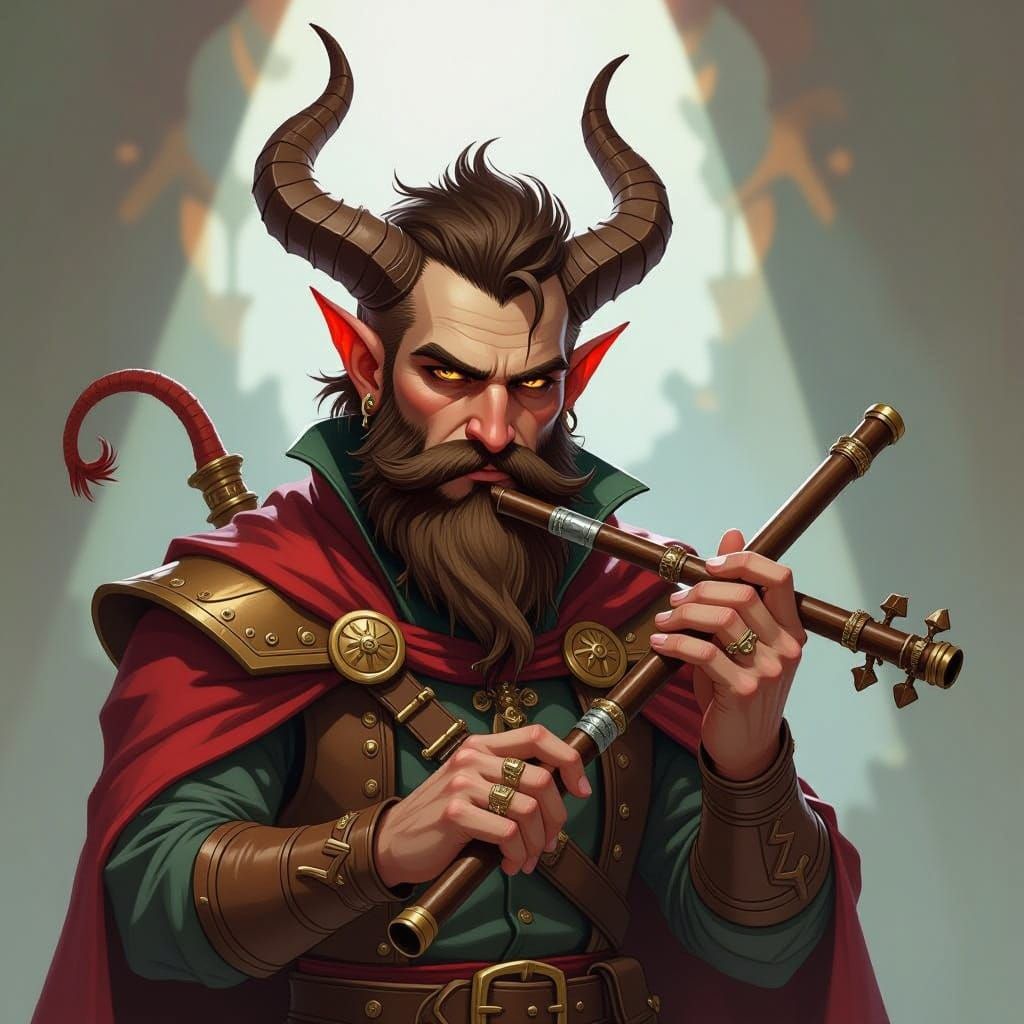 Tiefling Bard with Flute and Beard in Fantasy Art Style