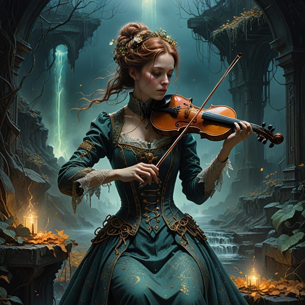 Victorian Steampunk Woman Plays Violin Against Dark Smokey B...