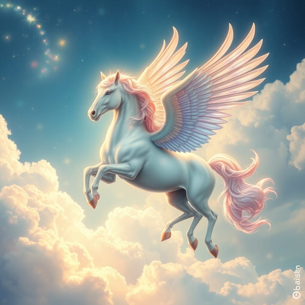 Iridescent Winged Pegasus Soaring Through Celestial Skies