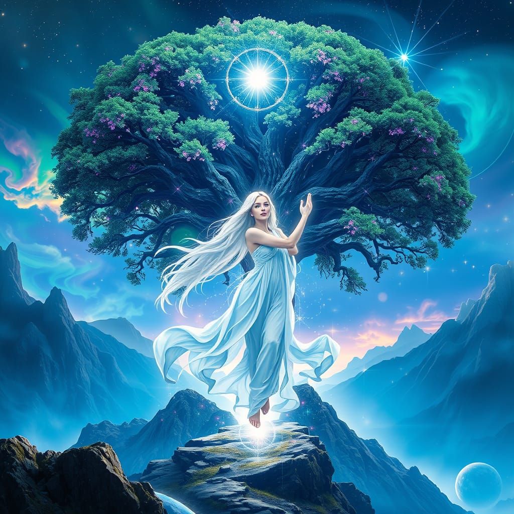 Celestial Goddess Radiating Beauty Before Tree of Life