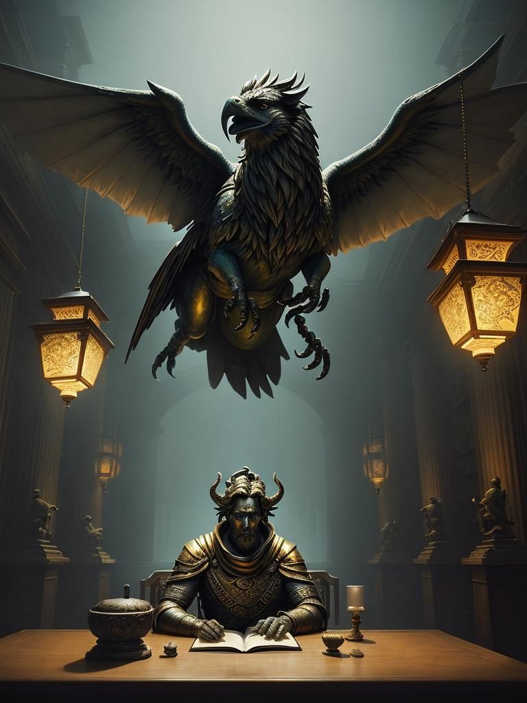 Man and Gryphon in Luxurious Library, Digital Painting