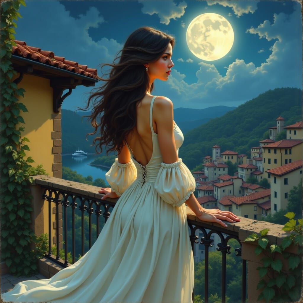 Woman on Moonlit Balcony, Renaissance City View