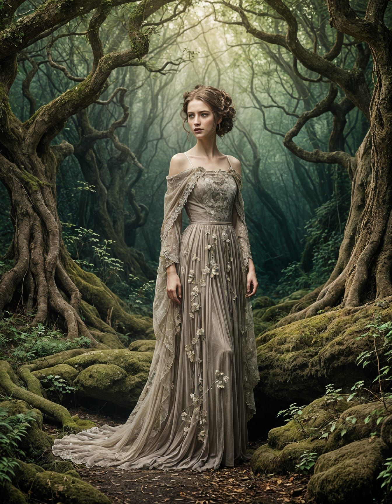 Mysterious Forest Goddess in Soft Chiaroscuro