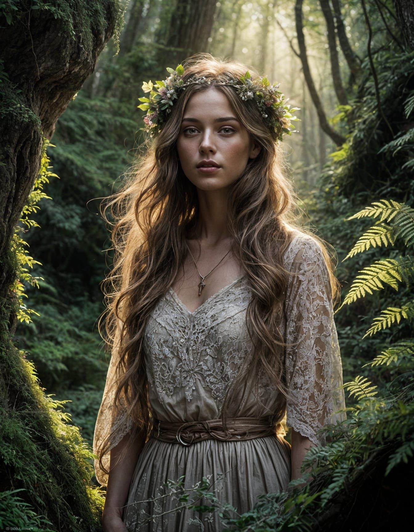 Ethereal Woman in a Secluded Forest Nook