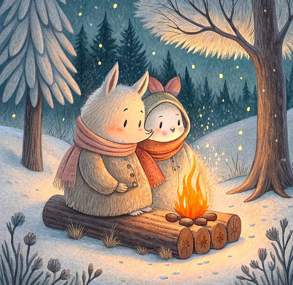 Whimsical Woodland Creatures Gather Around a Cozy Winter Fir...