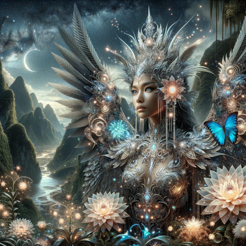 Mythical Queen in Bioluminescent Fantasy Landscape
