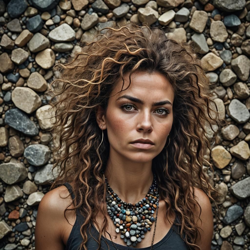 Fierce Portrait of Wild Woman with Stone Necklace