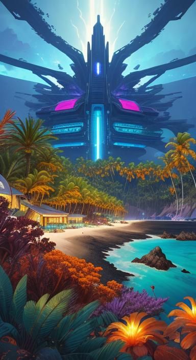 Cosmic Cyberpunk Resort on Volcanic Island