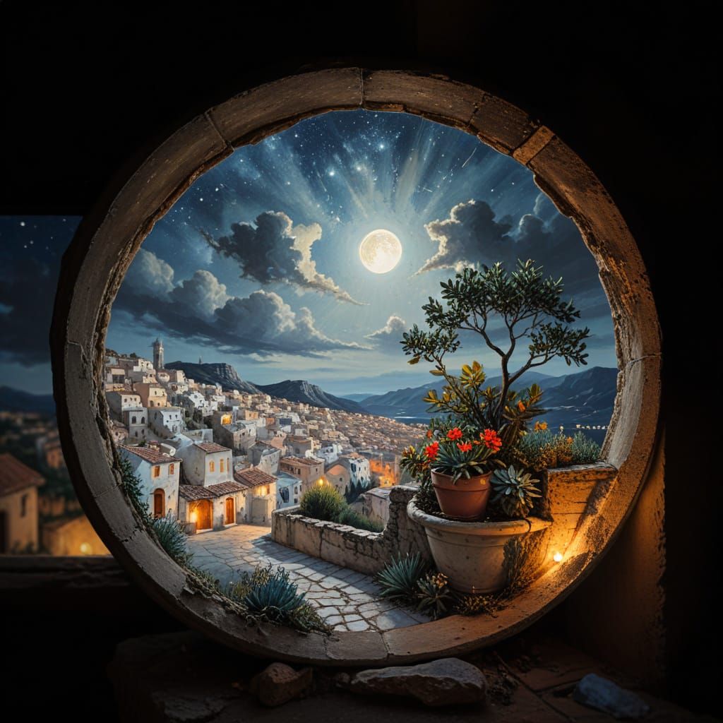 Ceramic Pot Overlooking Mediterranean Town at Night