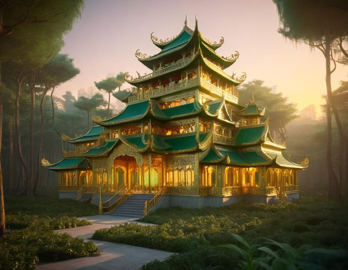 Magical Jade Palace in Forest Clearing at Magic Hour
