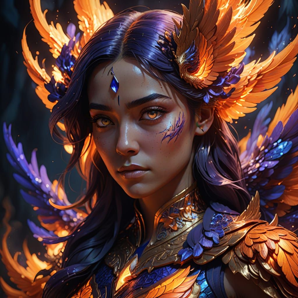 Intricate Fantasy Iris Reflects Burning Phoenix in Vibrant H...