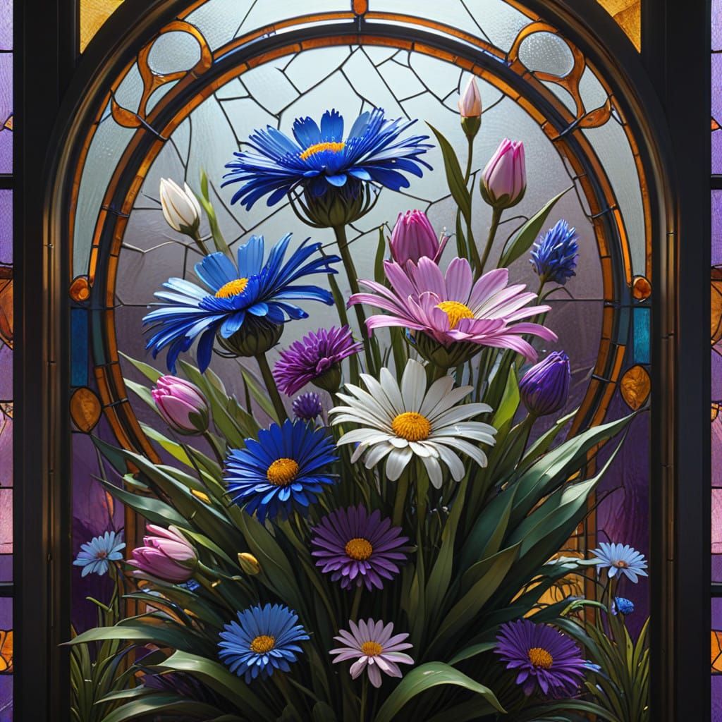 Intricate Stained Glass Floral Masterpiece in Art Nouveau St...