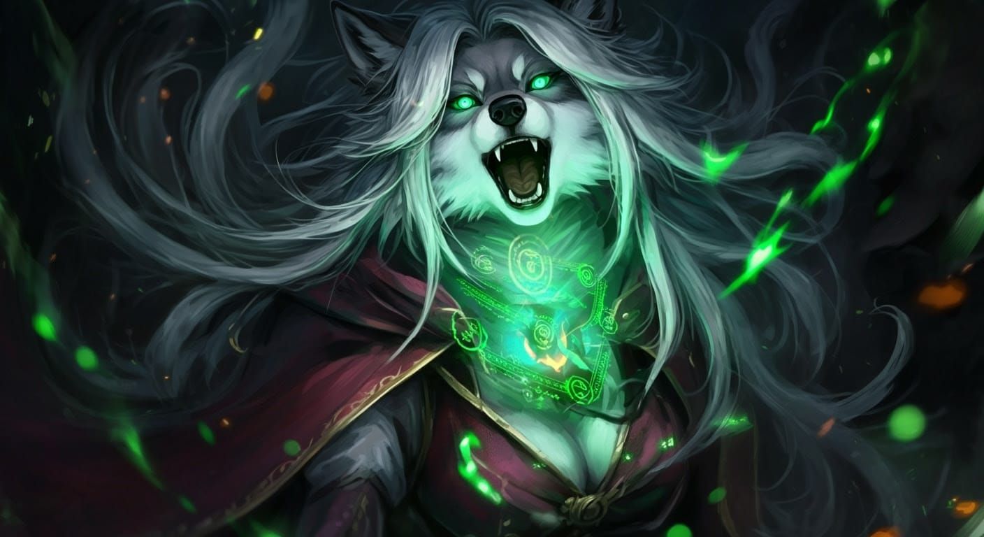 Fantasy Wolf Sorceress Enveloped by Magic Flames