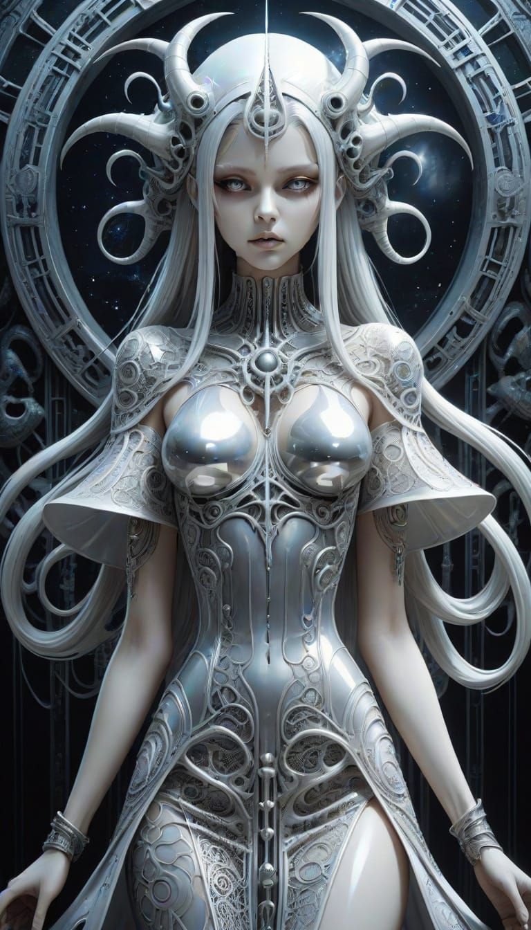 Anime Witch Holding Angry Ghost in Silver Lace Dress