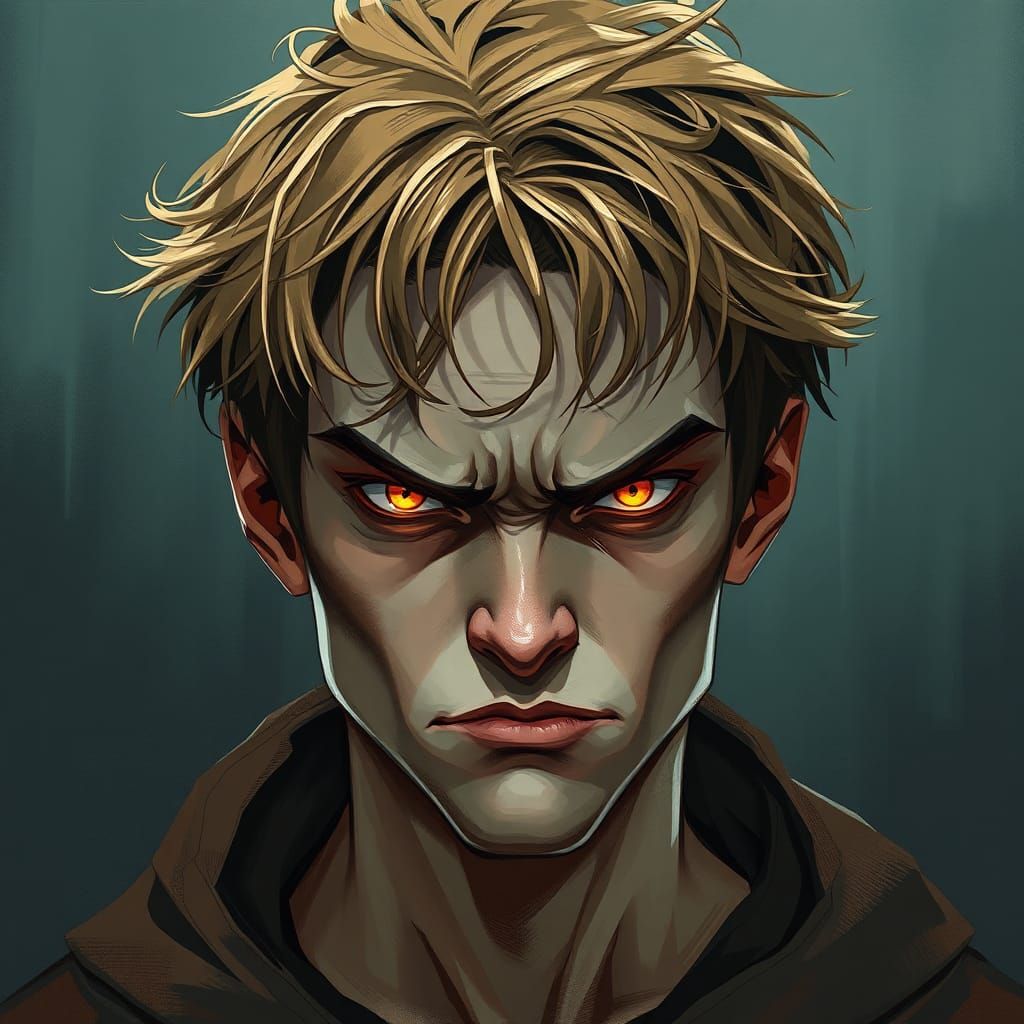 Brooding Man with Glowing Eyes in Dark Futuristic Style