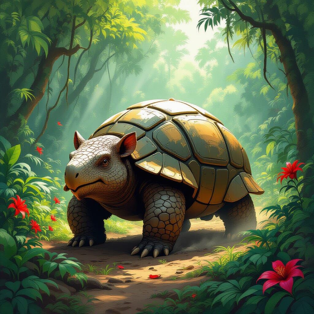 Glyptodon Roaming Through a Vibrant Jungle