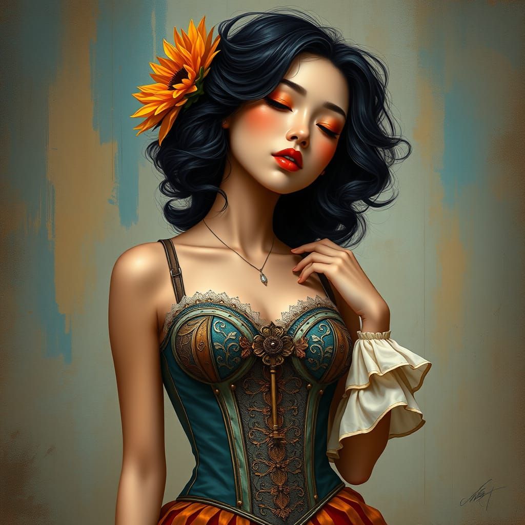 Ethereal Portrait of Korean Woman with Sunflower