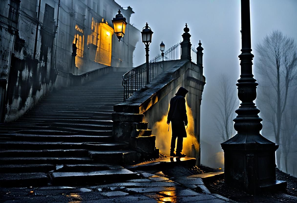 Foggy Alleyway with Hooded Figure in Noir Style