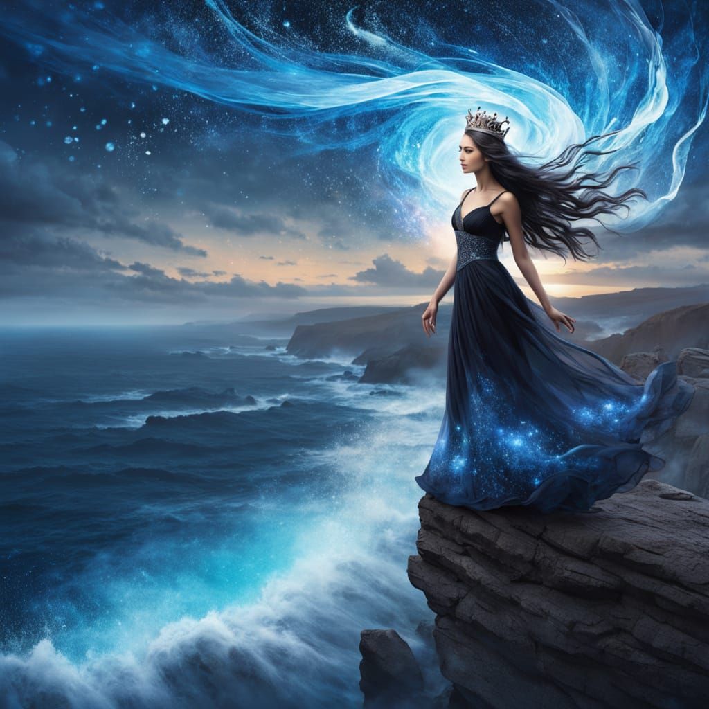 Mysterious Woman on Cliffside with Water Crown at Twilight