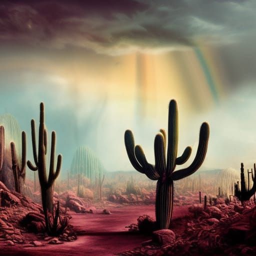 Decaying Rainbow Cactus in Dark Fantasy Wasteland
