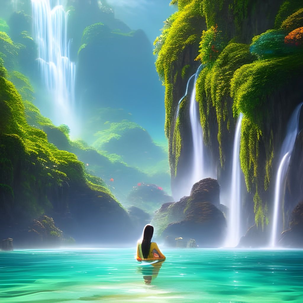 Te Fiti Drinks from Tropical Waterfall, Ghibli-Style