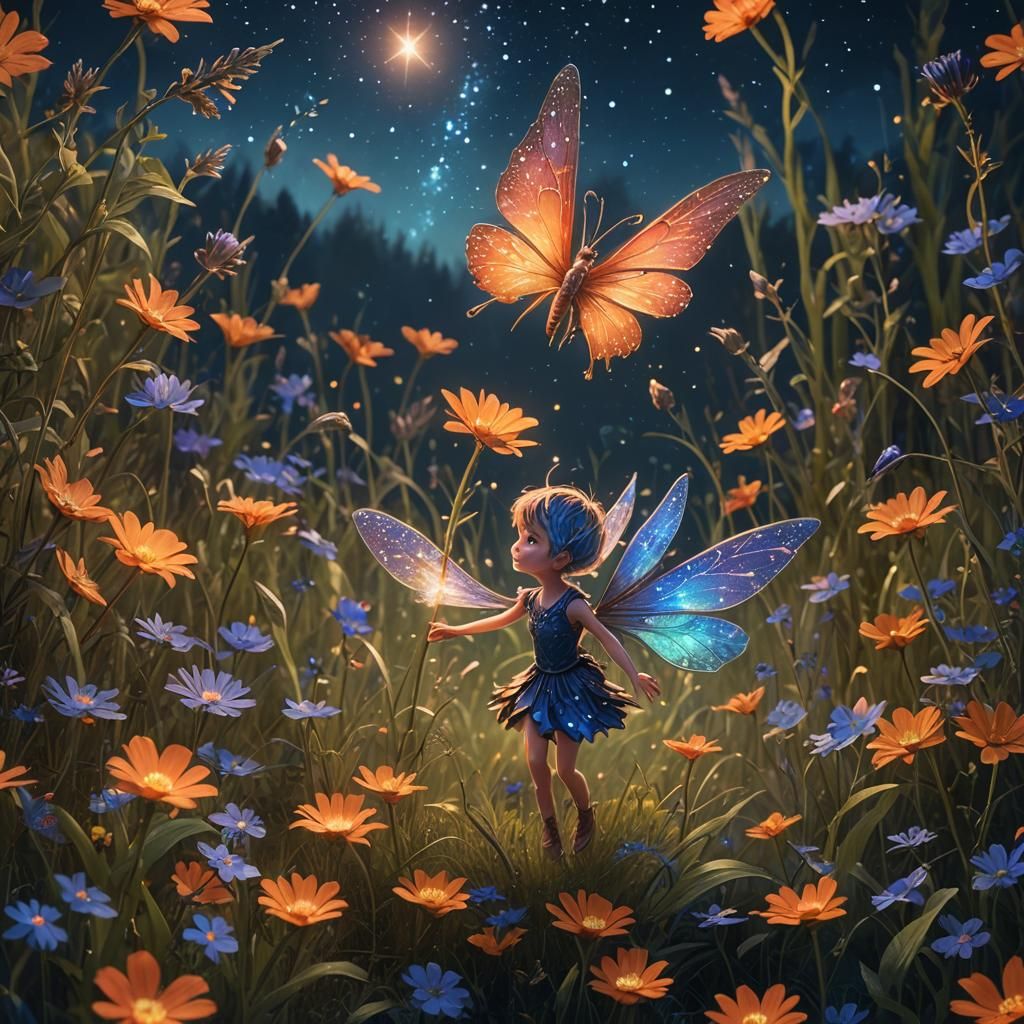 Pixie Playing in Starry Meadow: Fantasy Concept Art