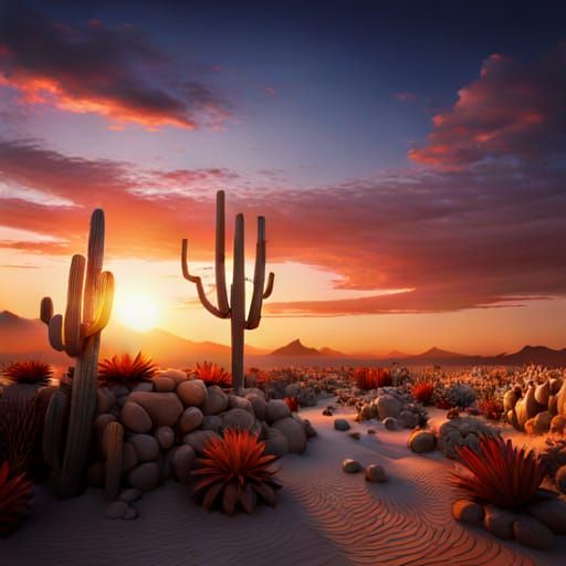 Cactus Scene with Vulture in Arid Desert