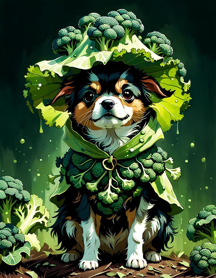 Pekapoo Dog in Broccoli Witch Costume