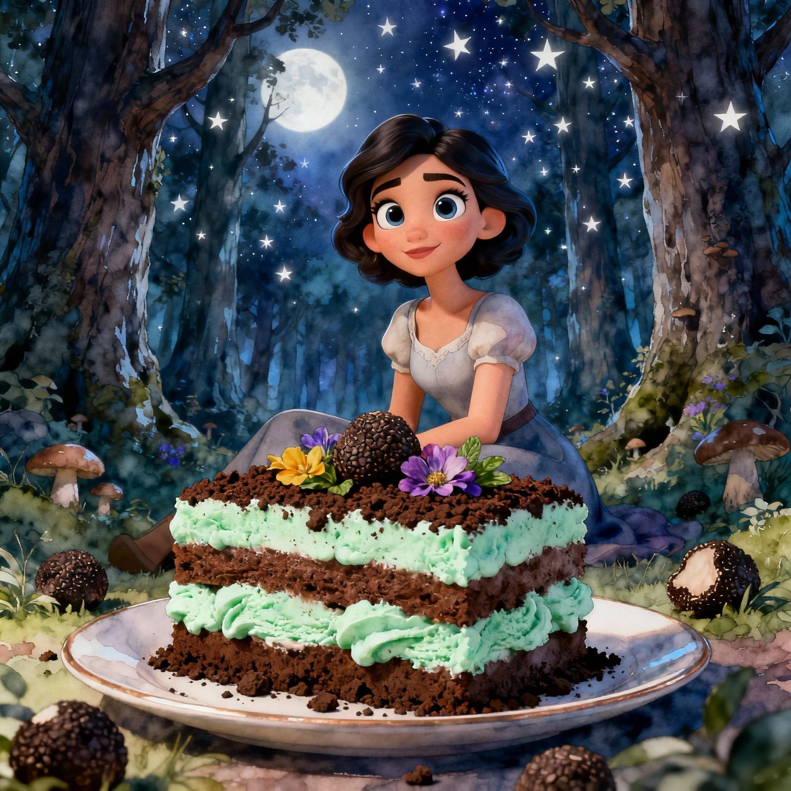 Whimsical Woman in Starlit Truffle Forest