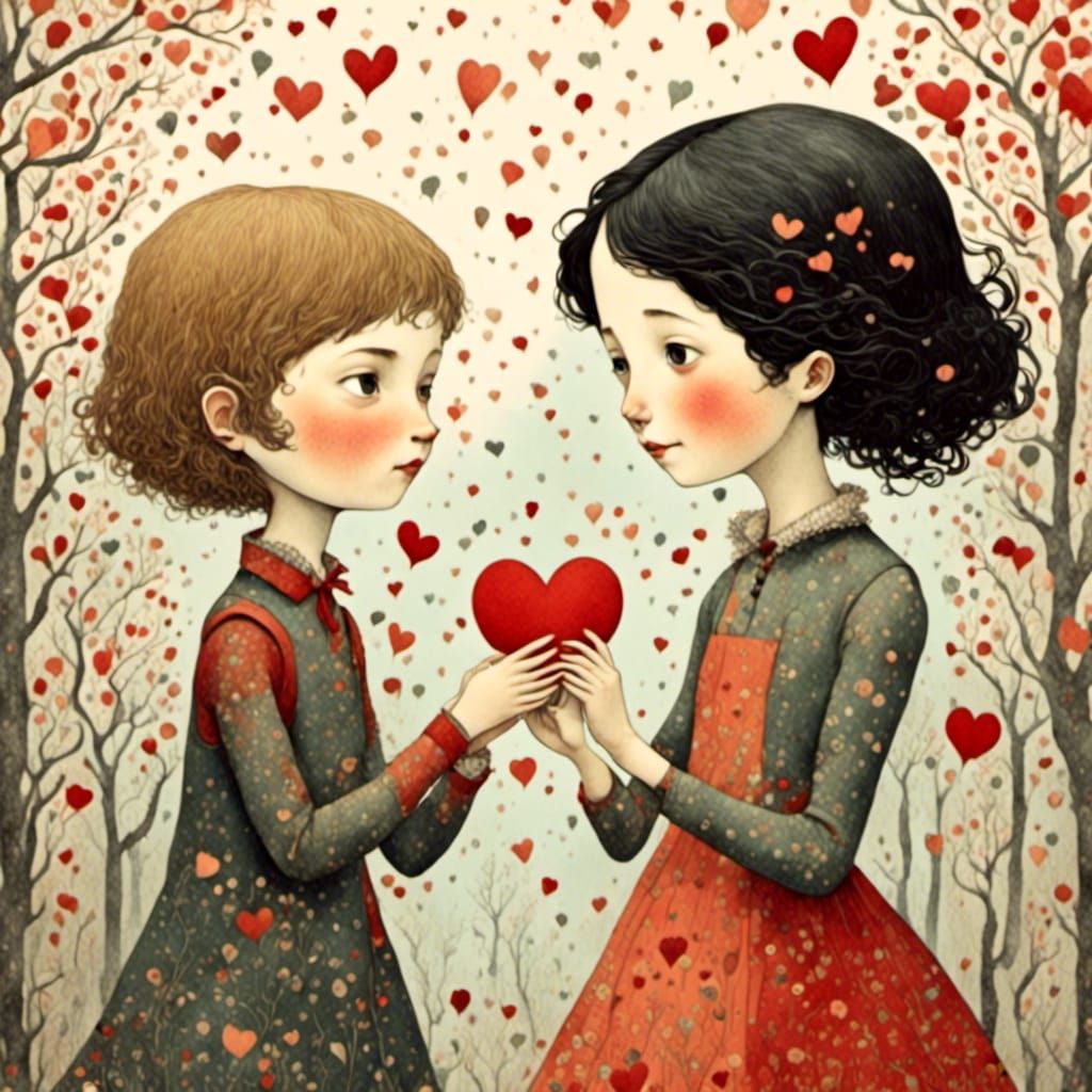 Valentine's Day Schoolyard Scene in Ukiyo-e Style