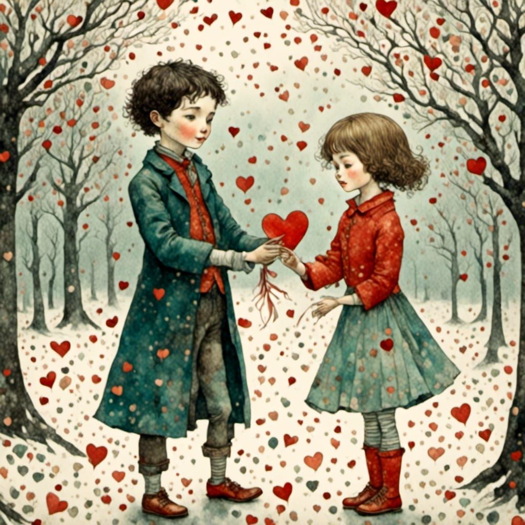 Boy Gives Valentine in Playground, Ukiyo-e Illustration