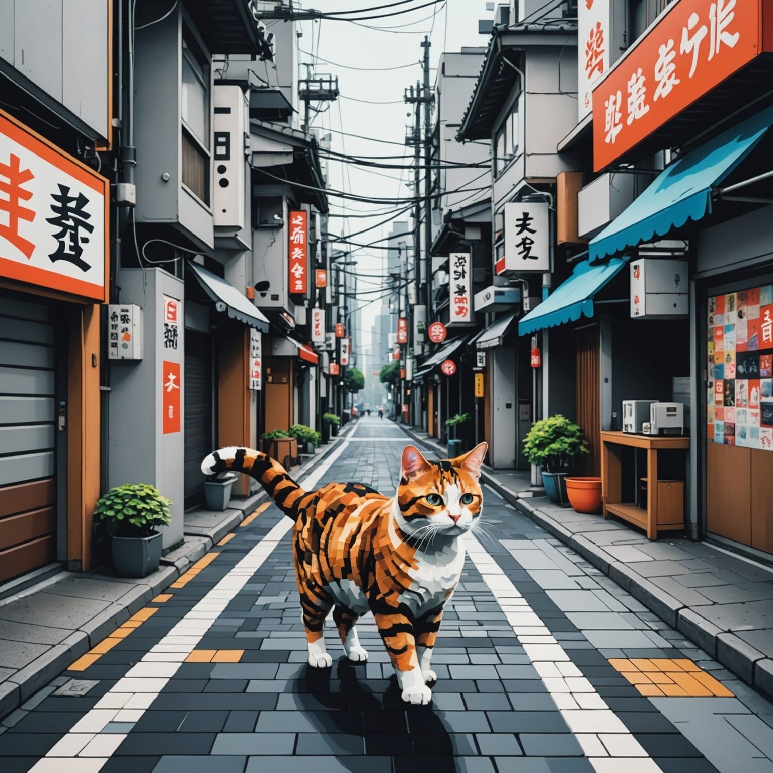 Futuristic Pixel Art Cat Walks on Japanese Street