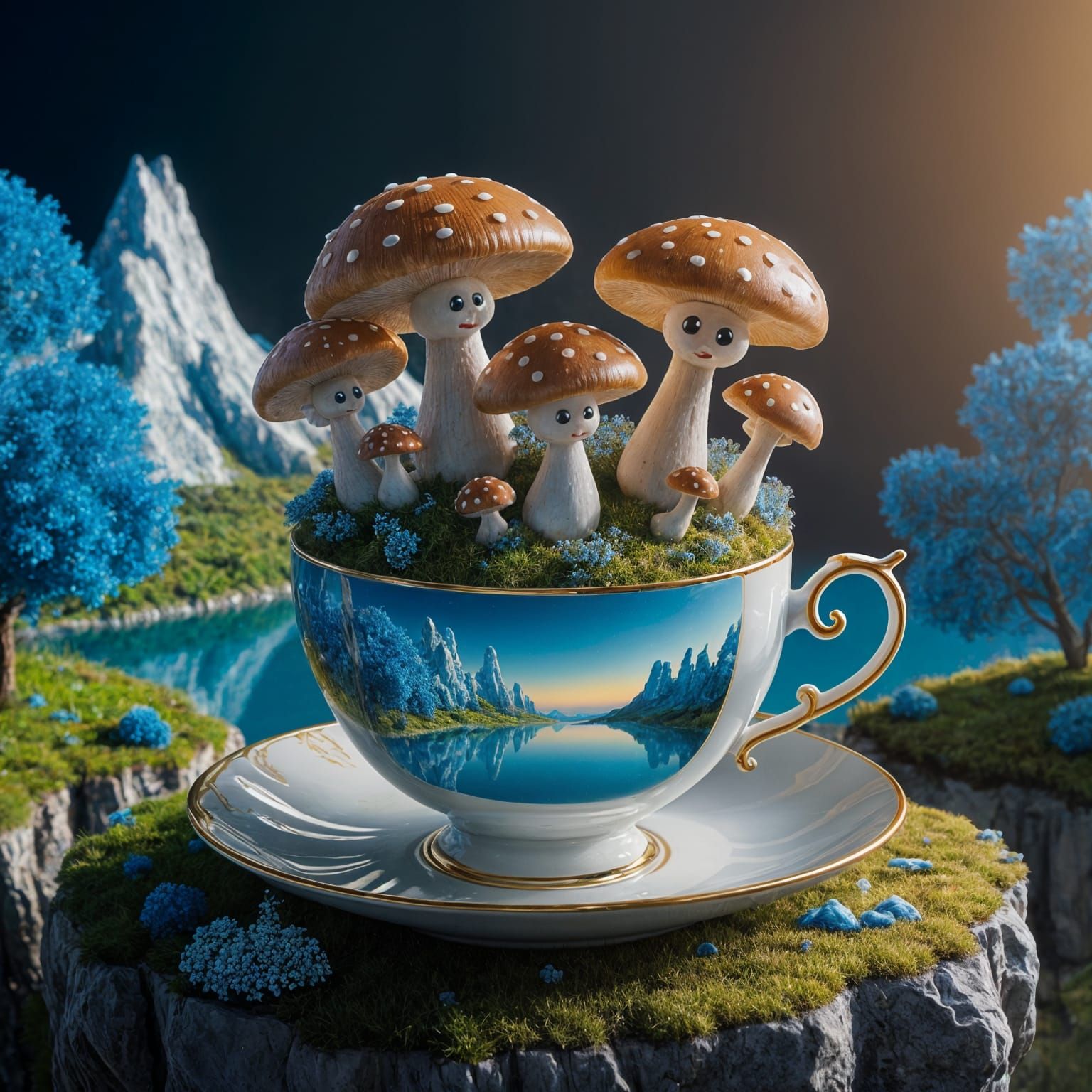 Whimsical Mushroom World Inside a Teacup