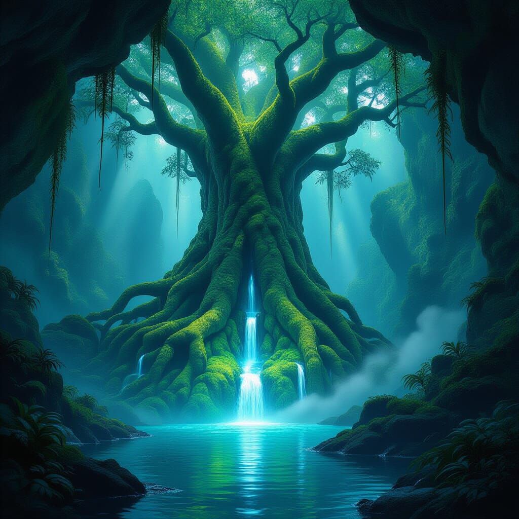 Ancient Bioluminescent Tree in Mystical Jungle Cavern