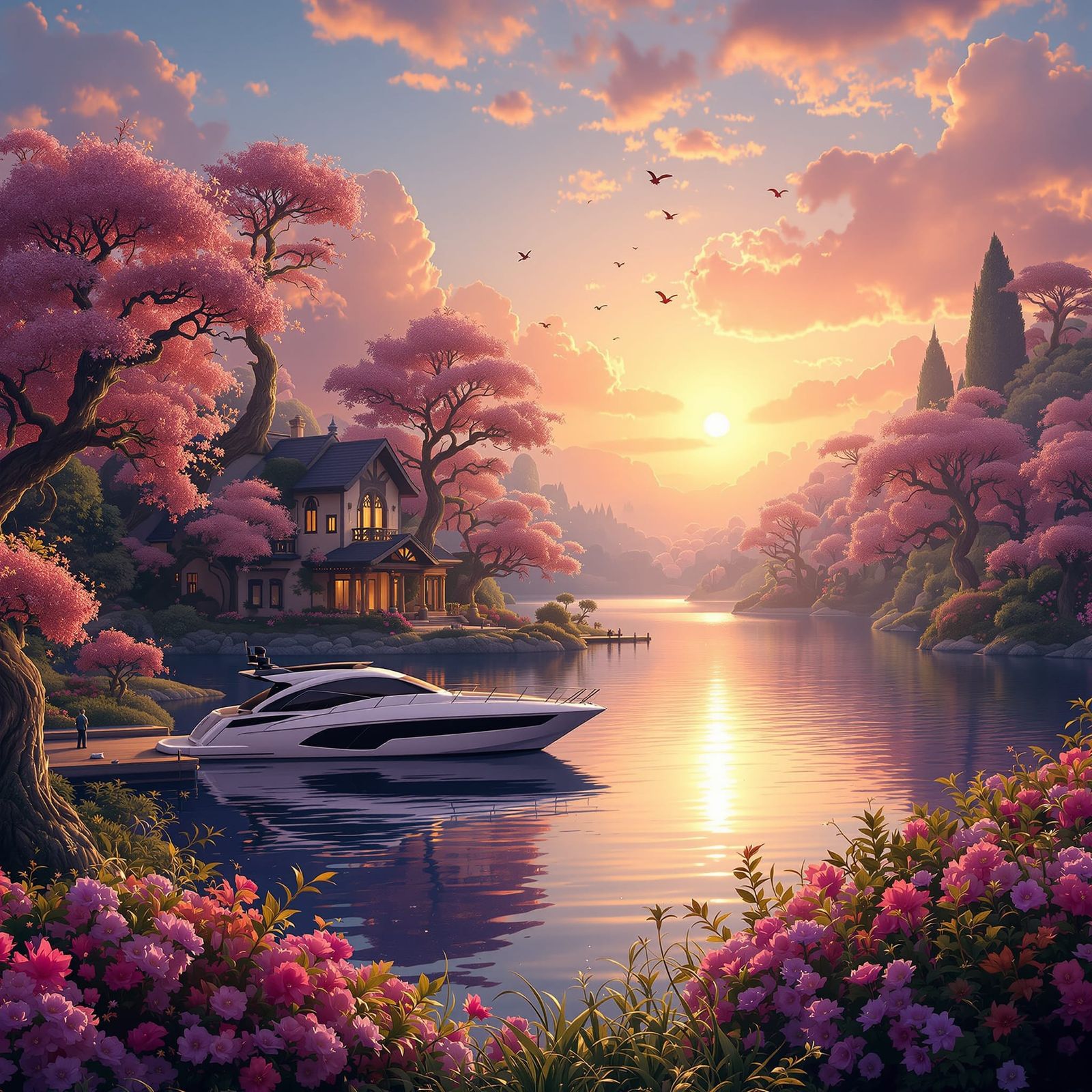 Dreamlike Sunset Landscape with Flowery Trees and Villa