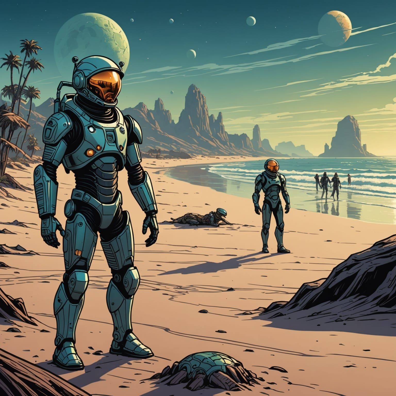 Martians Enjoying Beach as Comic Book Illustration