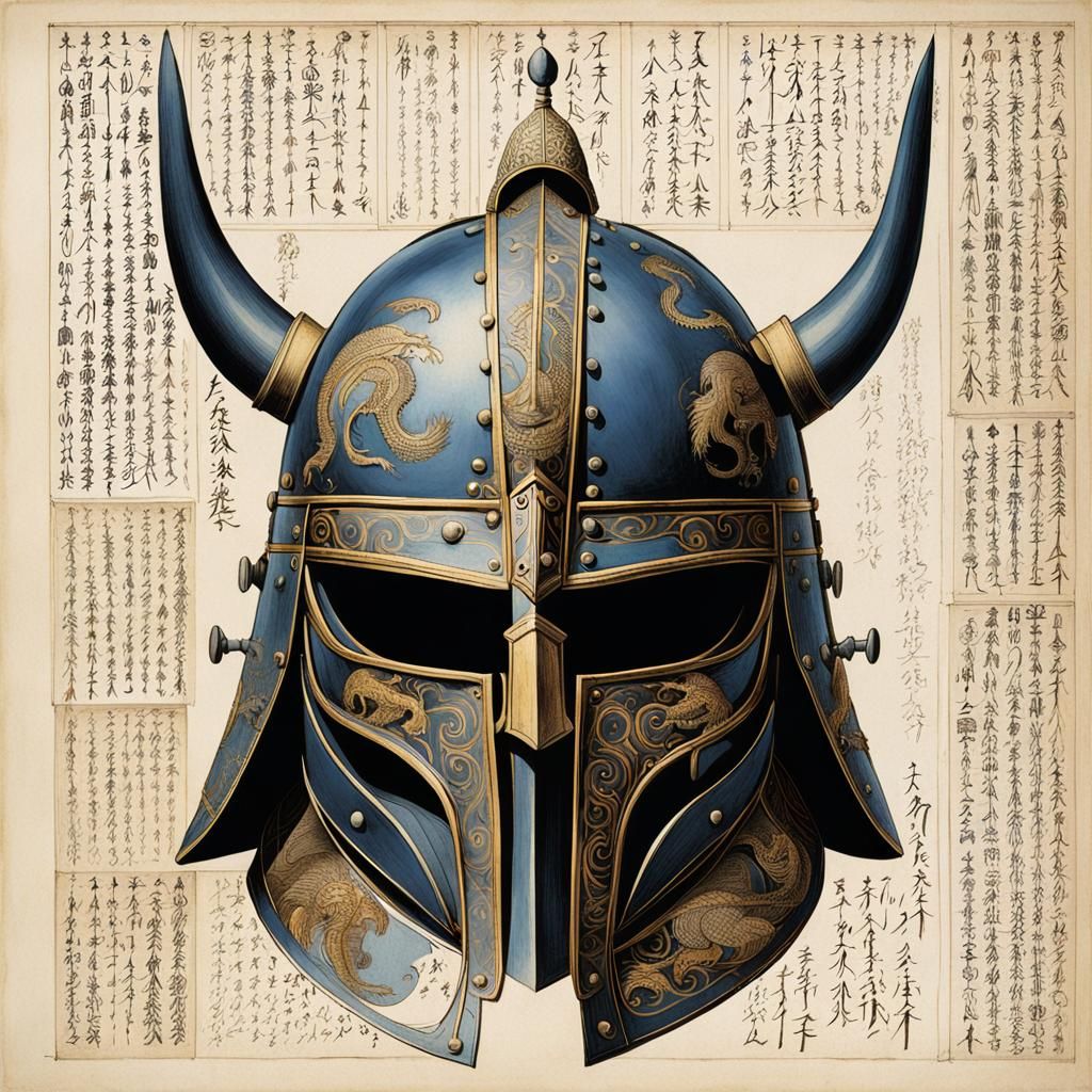 Art by Leonardo da Vinci, a study of helmets through the ages, from ancient gladiator helms to medieval knight's armor, ...