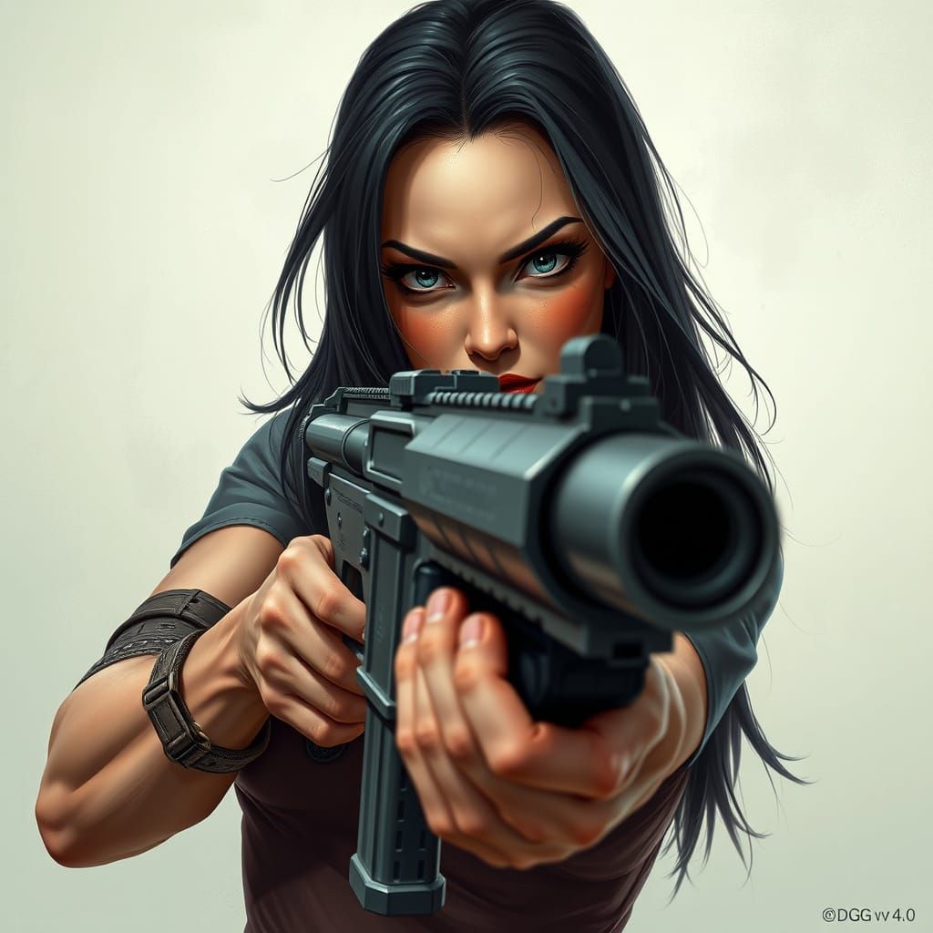 Realistic Portrait of Woman Aiming Gun